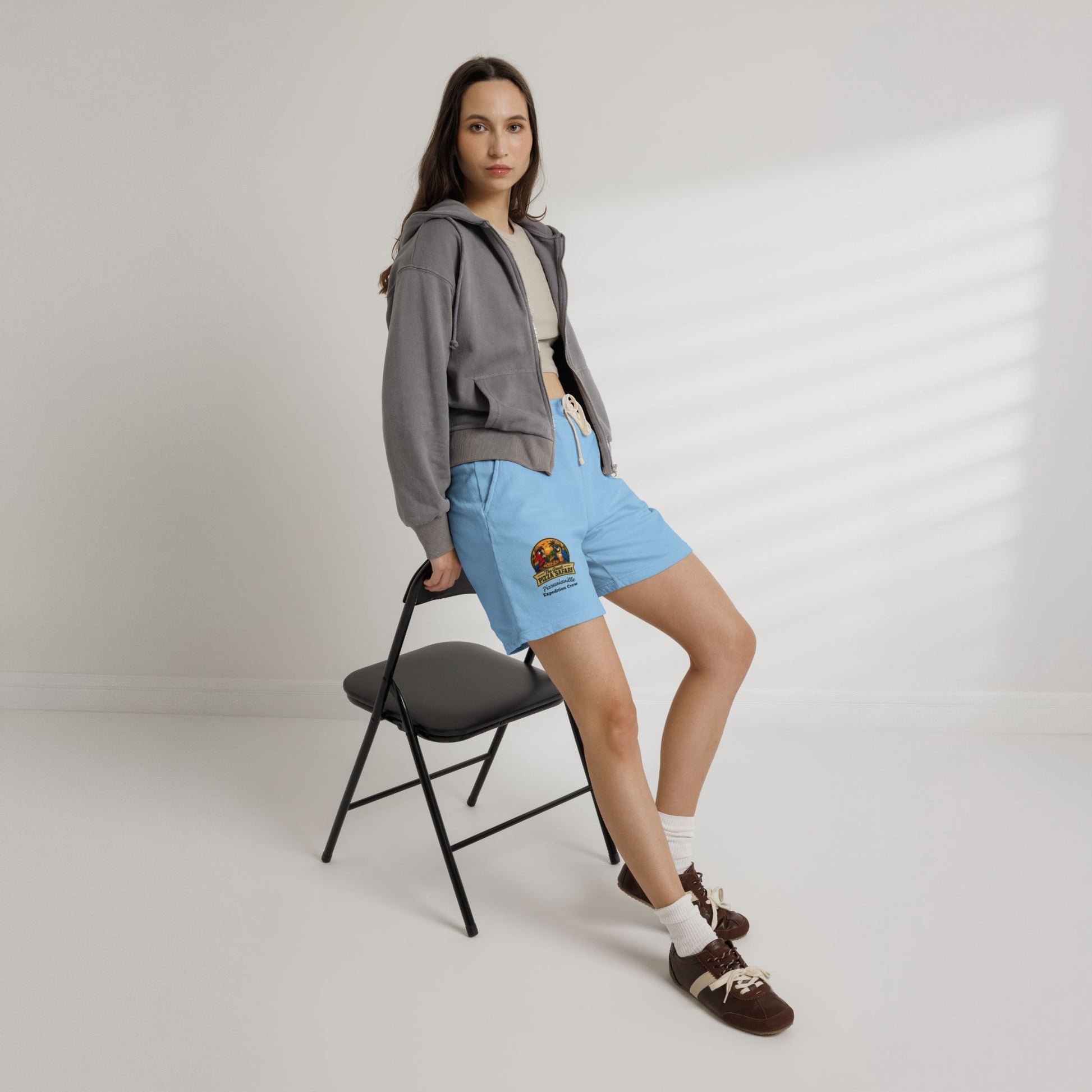 Unisex  Lightweight Garment-Dyed Fleece Sweat Shorts with Retro Pizza Safari Logo