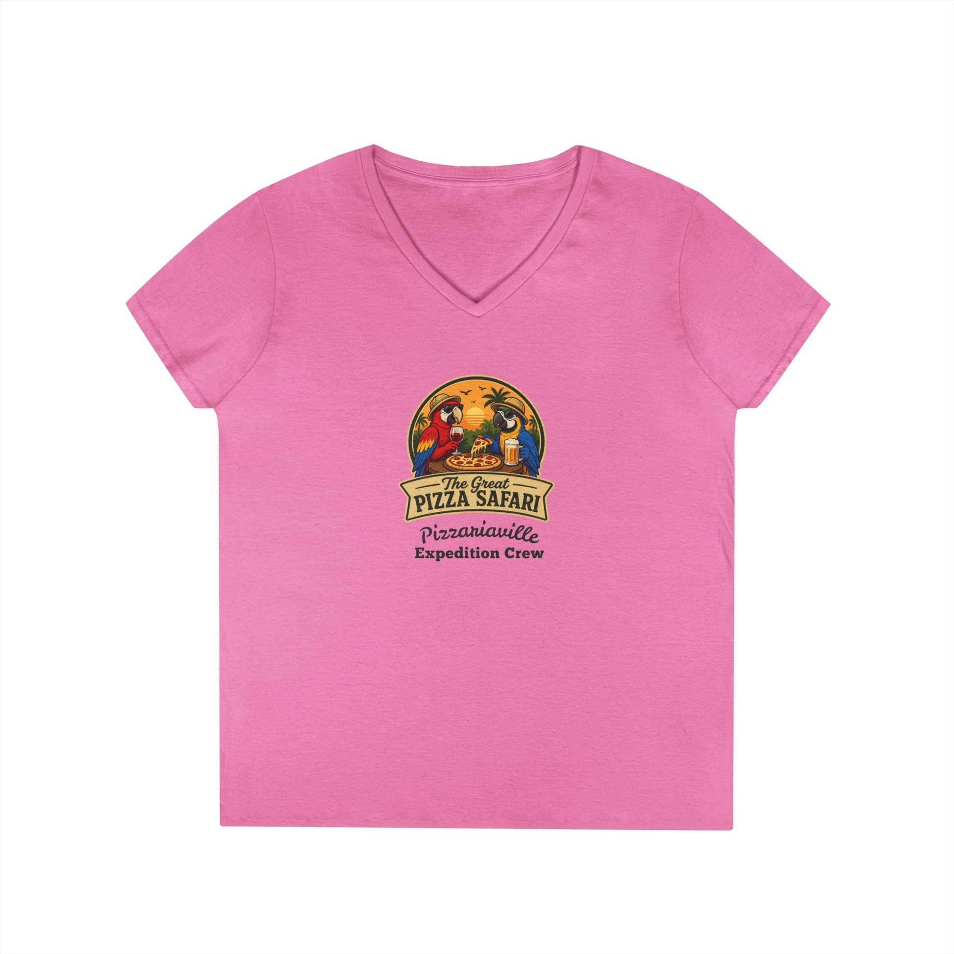 Pizza Safari Ladies' V-Neck T-Shirt — 'Pizzariaville Expedition Crew' Retro Travel Tee