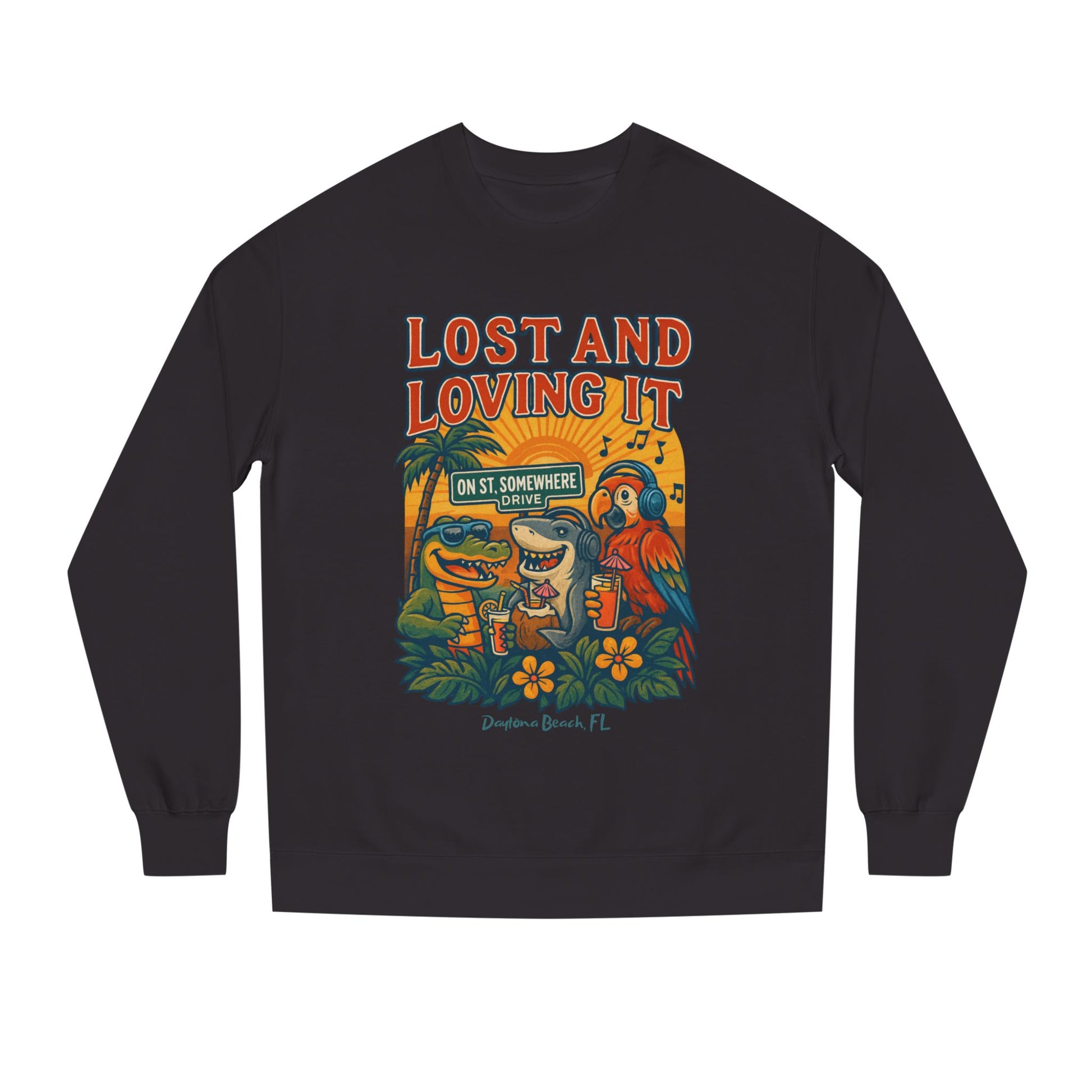 St. Somewhere Dr. Lost and Loving It Crewneck Sweatshirt — Tropical Parrot & Shark Vacation Graphic