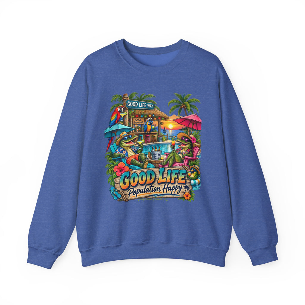 Good Life Beach Crewneck Sweatshirt – Tropical 'Good Life, Population: Happy' Graphic