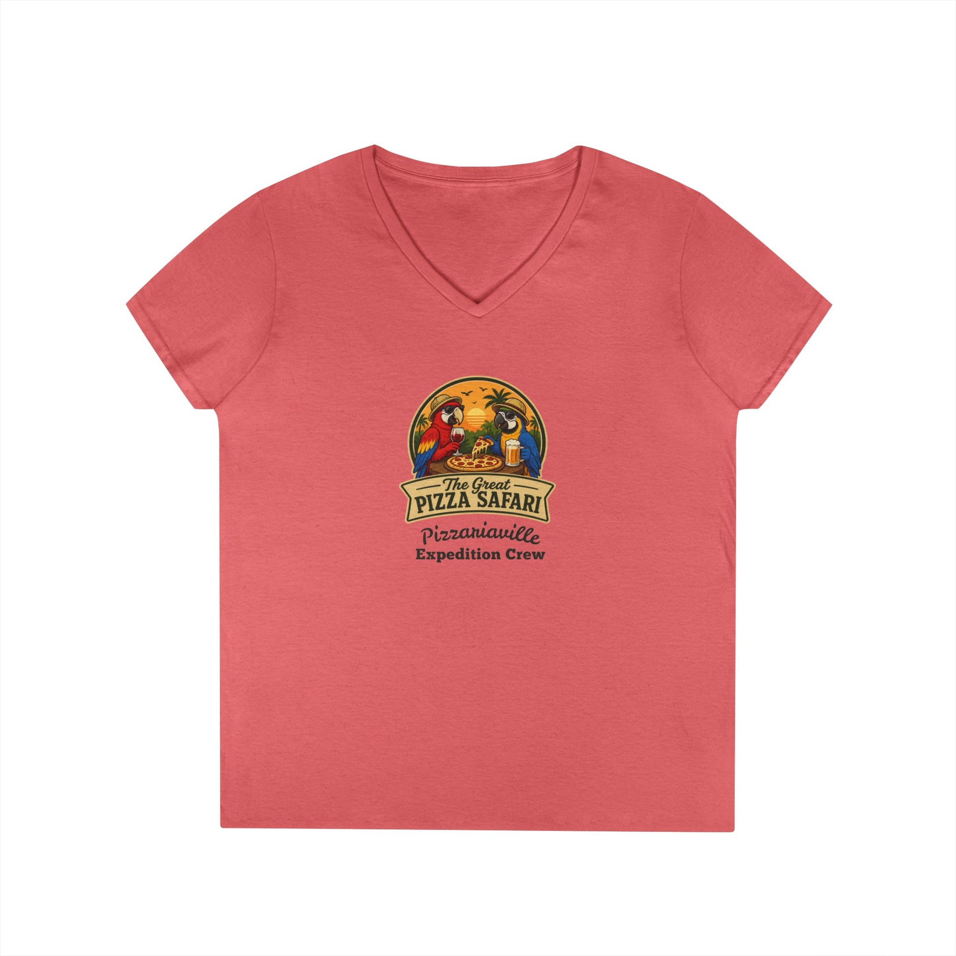 Pizza Safari Ladies' V-Neck T-Shirt — 'Pizzariaville Expedition Crew' Retro Travel Tee