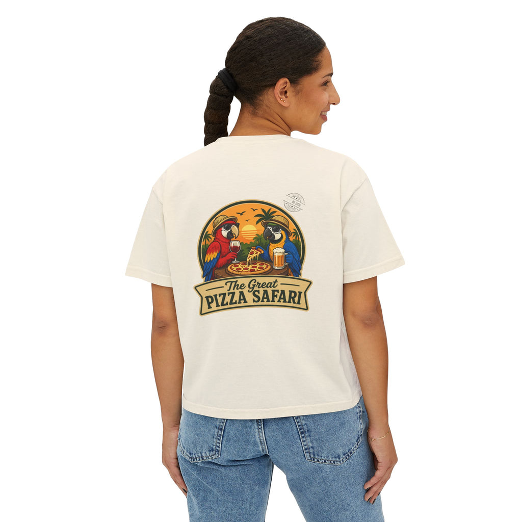 Women's Boxy Tee — The Great Pizza Safari Parrot Graphic T‑Shirt